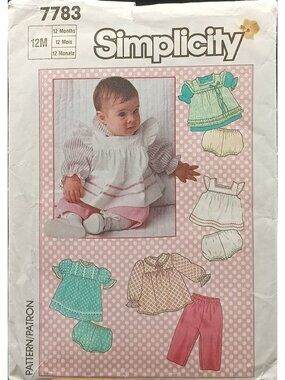 Simplicity 7783 Vintage Baby Sewing Pattern For Tops Dresses Pants & Bloomers